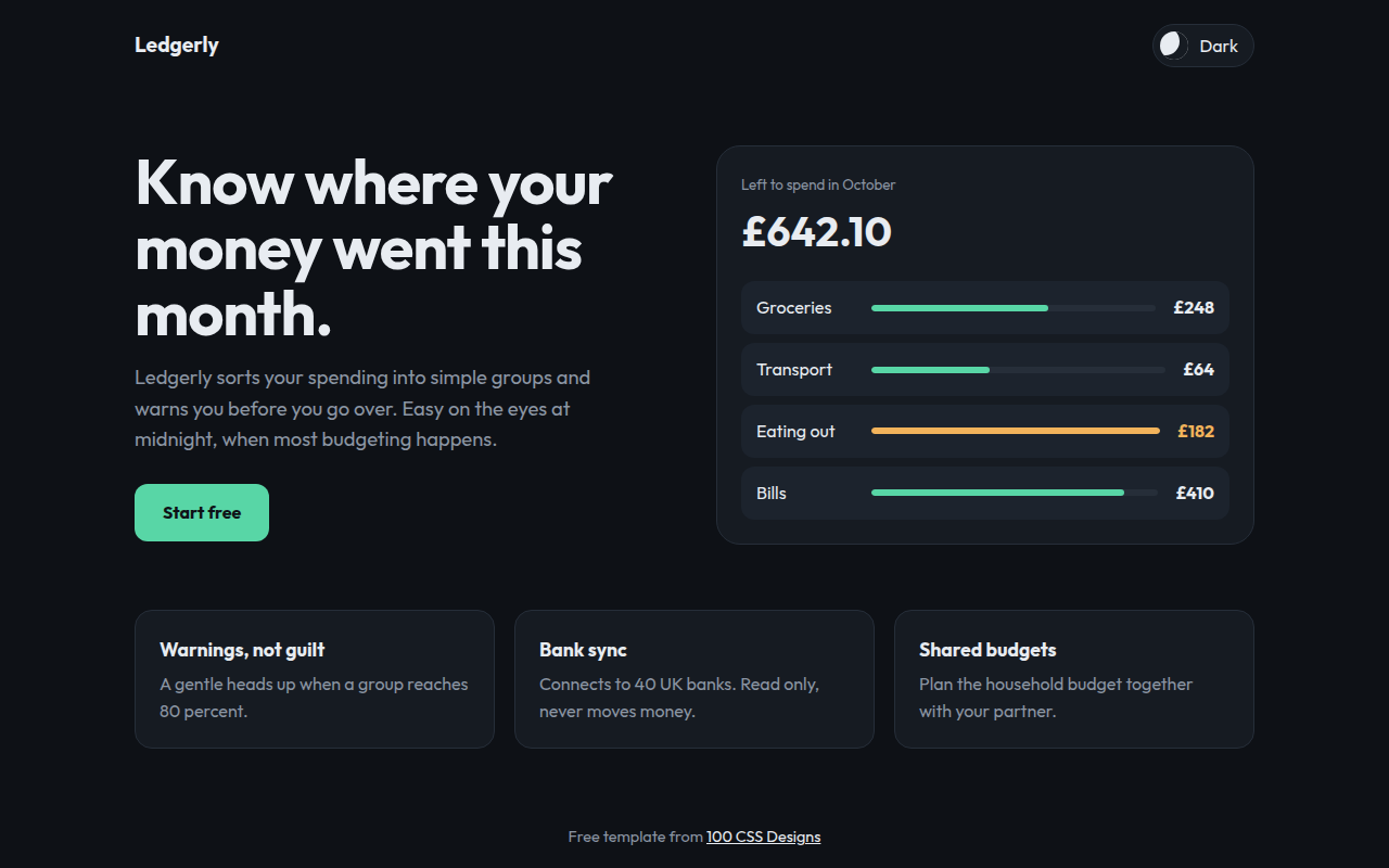 Dark Mode First CSS template preview