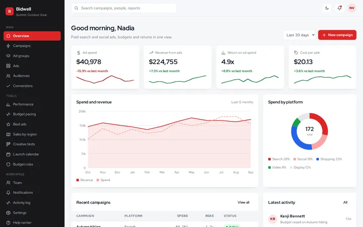 Bidwell ad campaigns dashboard template preview