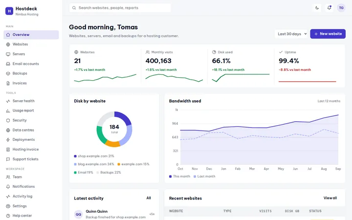 Hostdeck web hosting panel dashboard template preview
