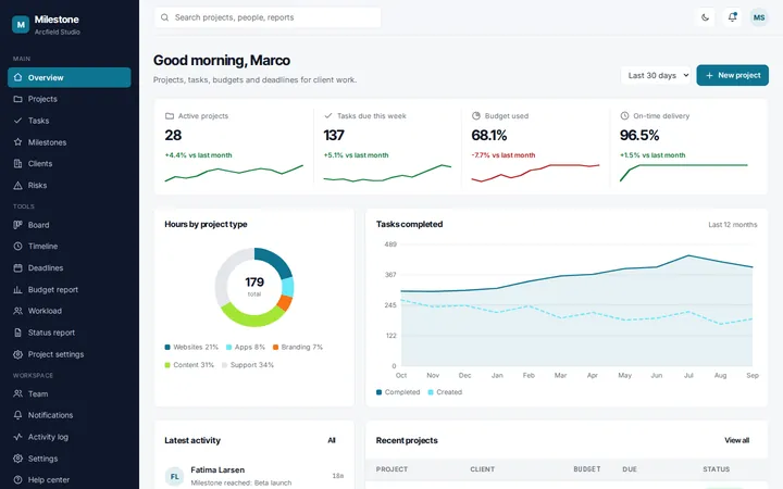 Milestone project management dashboard template preview