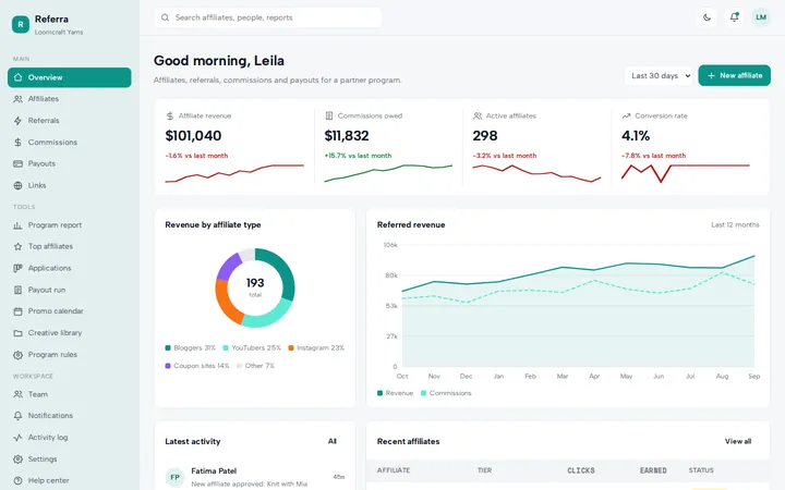 Referra affiliate program dashboard template preview