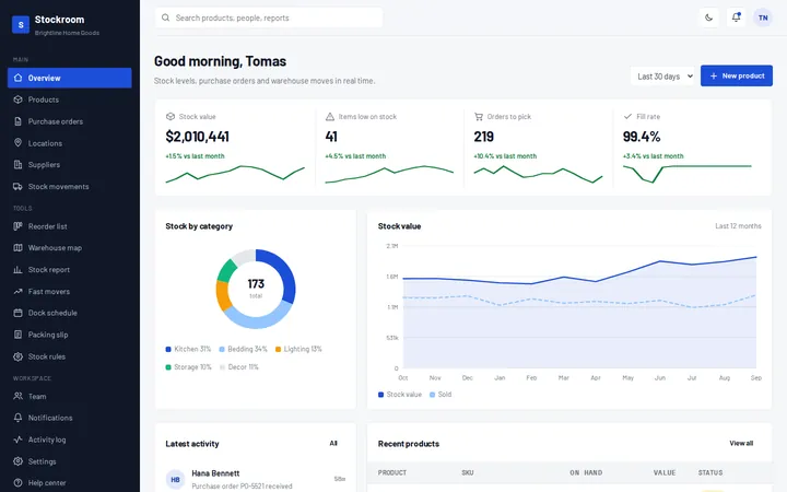 Stockroom inventory and warehouse dashboard template preview