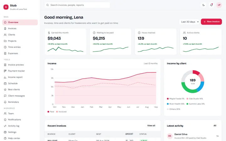 Stub freelancer invoicing dashboard template preview