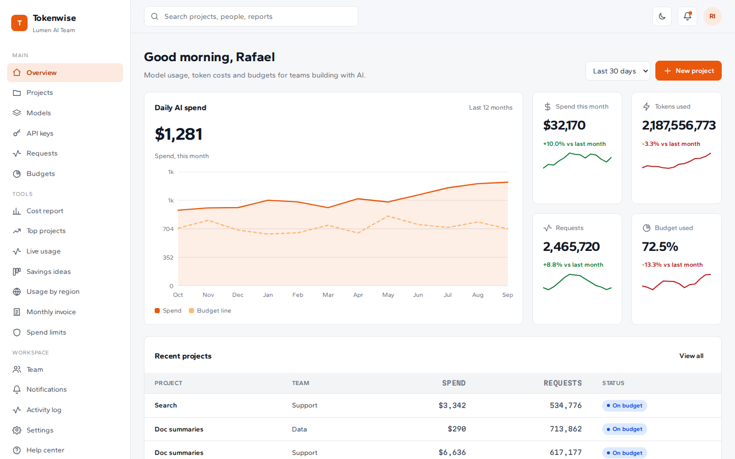 Tokenwise ai usage and cost dashboard overview page