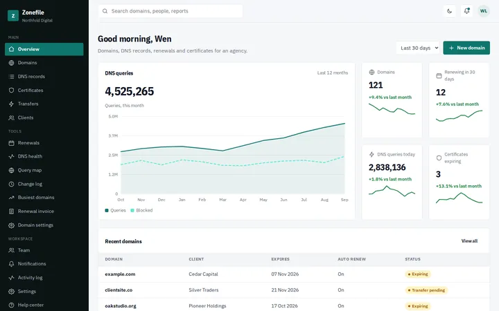 Zonefile domains and dns dashboard template preview