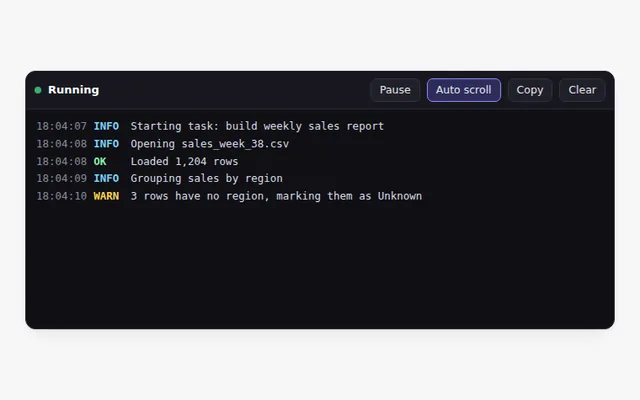 Agent Run Log AI UI component preview