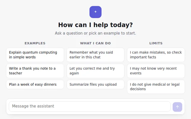 Empty Chat Welcome Screen AI UI component preview