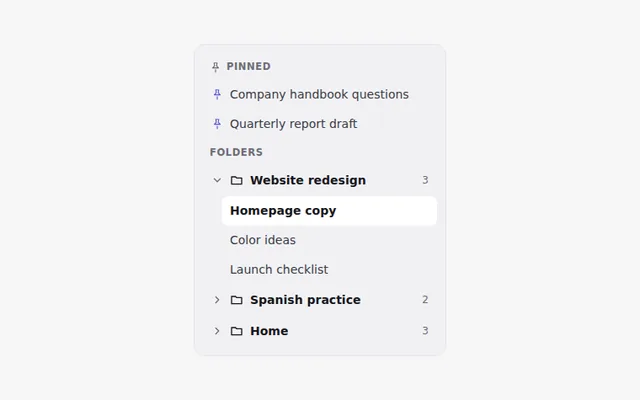 Sidebar with Pinned Chats and Folders AI UI component preview