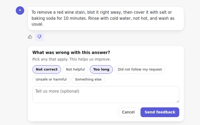 Thumbs Down with Reasons AI UI component preview