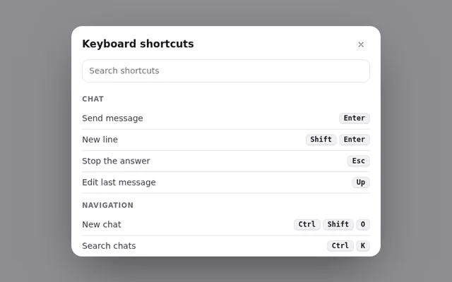 Keyboard Shortcuts Panel AI UI component preview