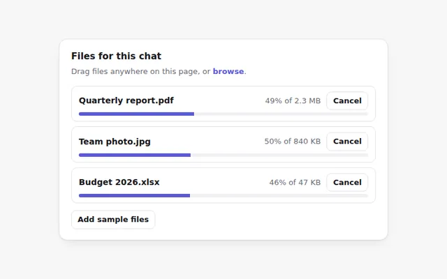 Page Drop Zone with Upload Progress AI UI component preview