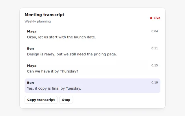 Live Transcript AI UI component preview