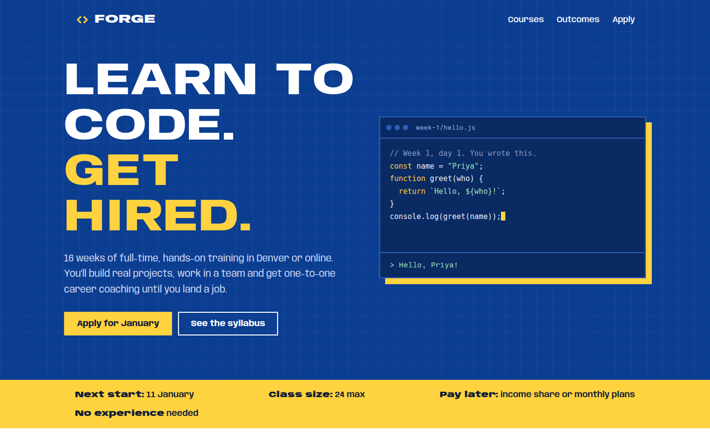 Forge Code School, free coding bootcamp website template
