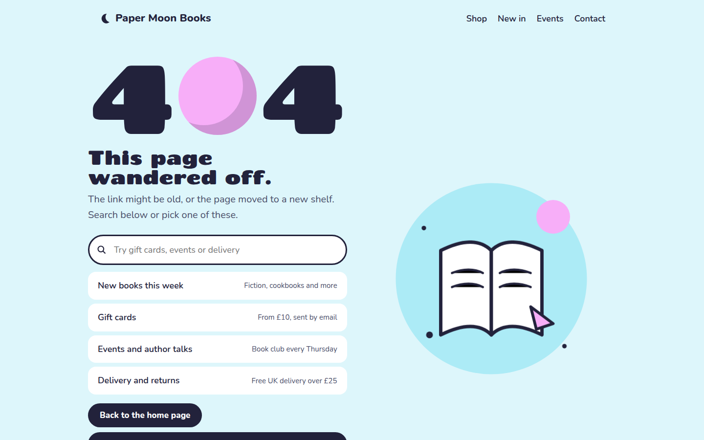Paper Moon Books, free 404 error page website template