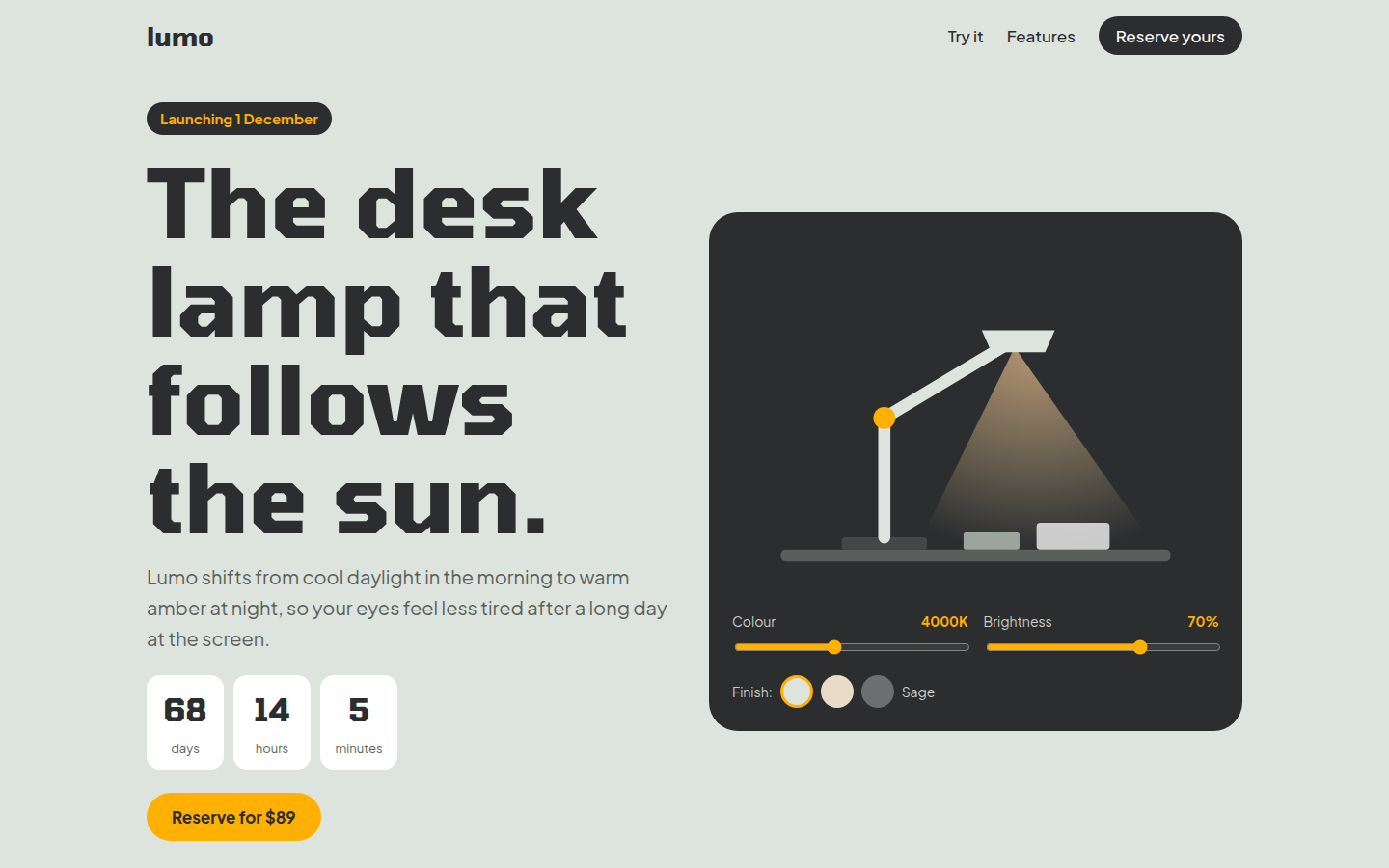 Lumo Desk Lamp, free product launch website template