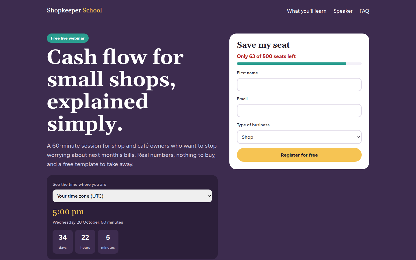 Cash Flow Class, free webinar signup website template