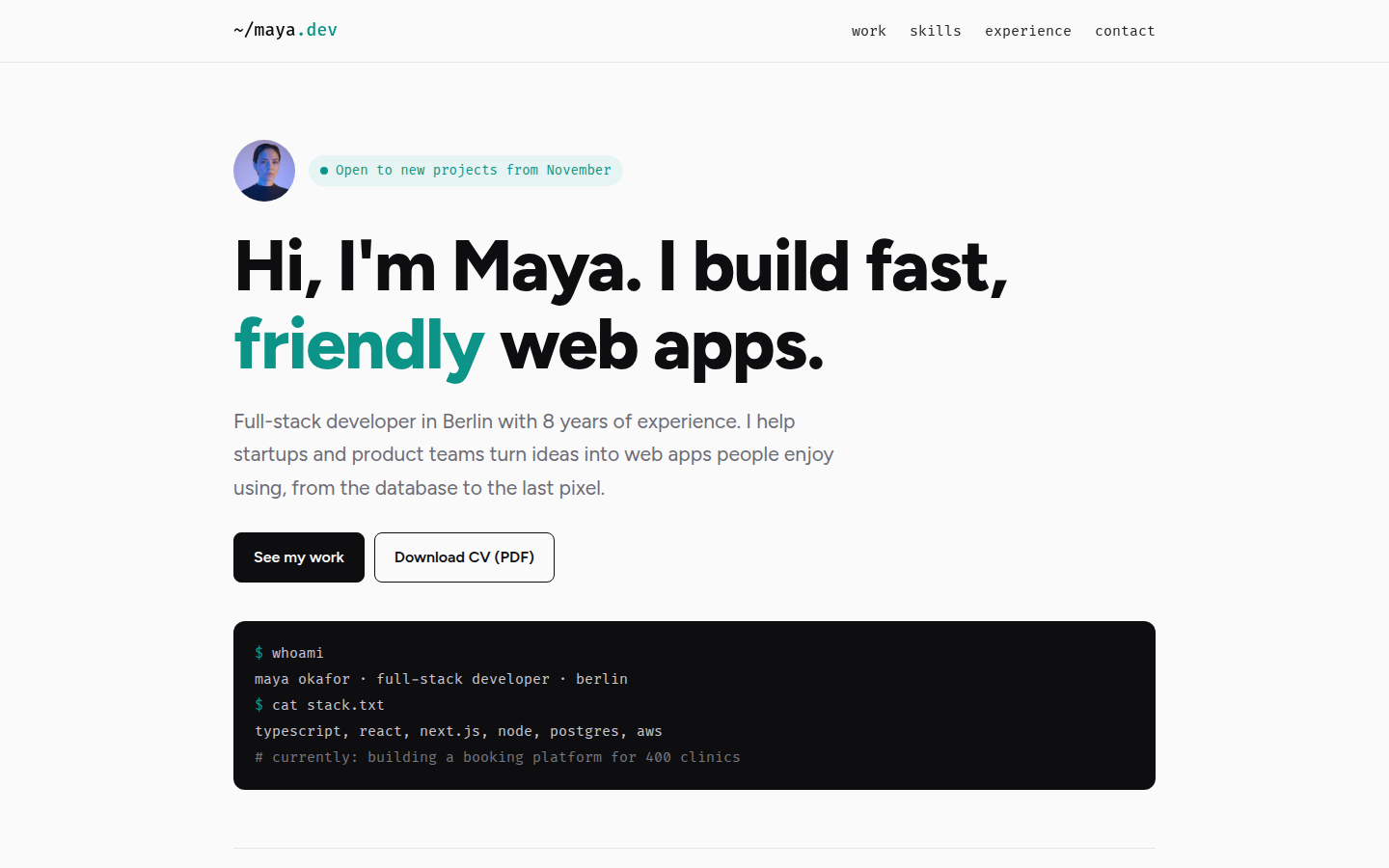Maya Okafor, free developer portfolio website template