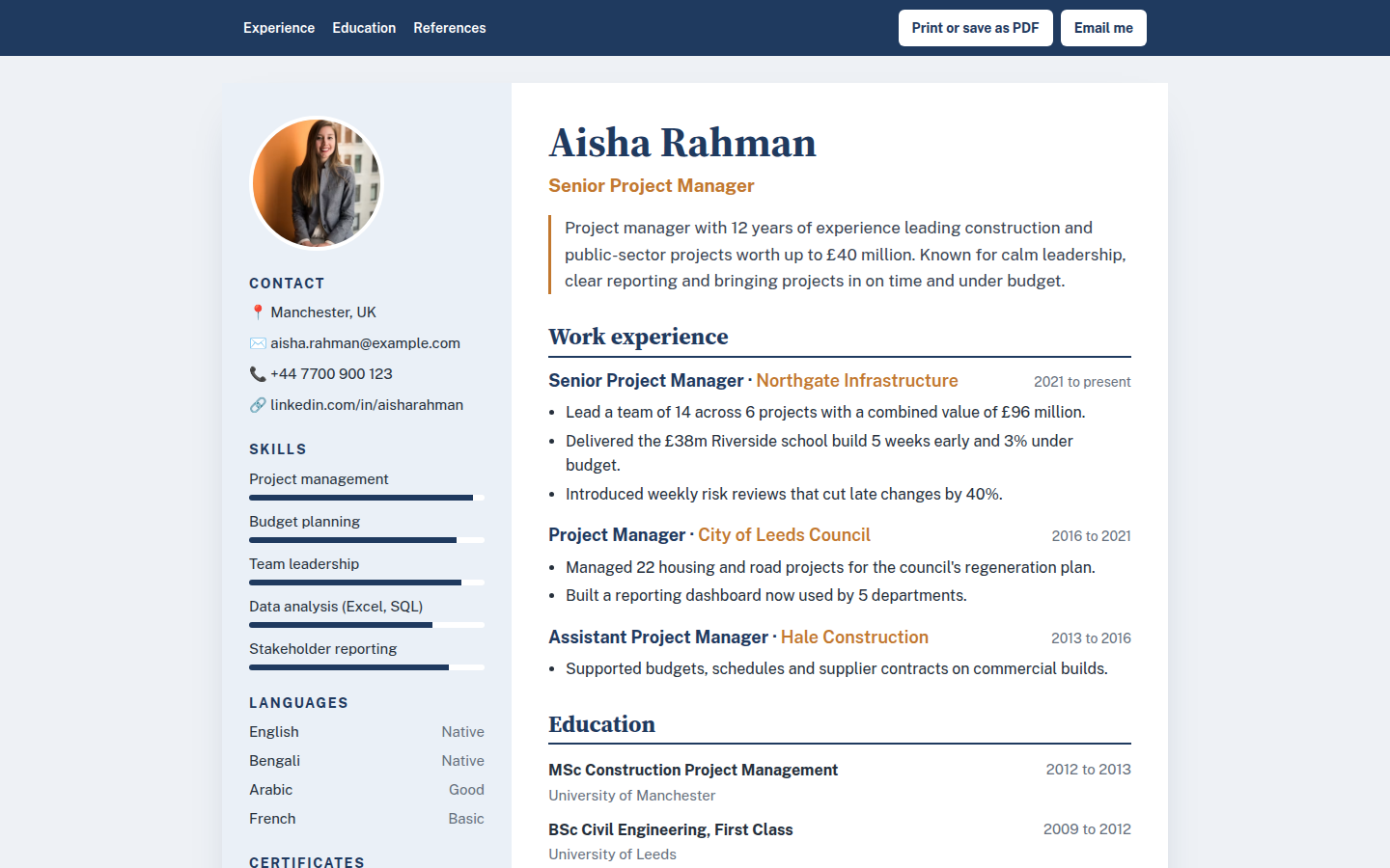 Aisha Rahman, free resume and cv website template
