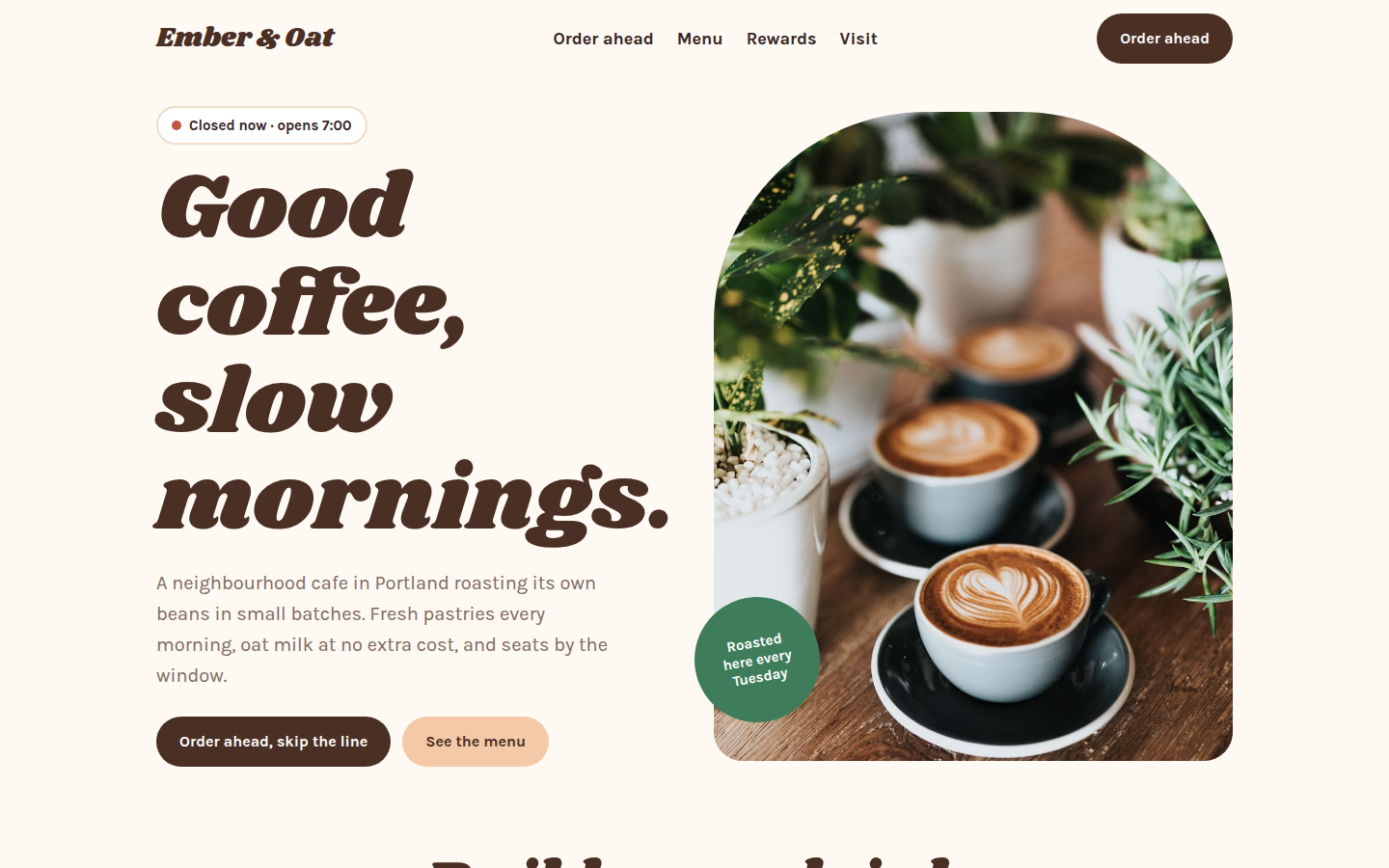 Ember & Oat, free cafe and coffee shop website template