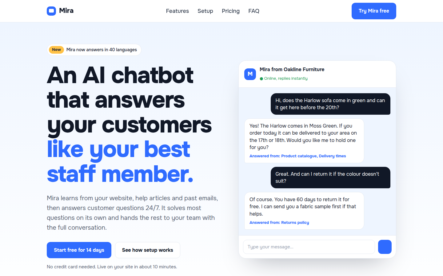 Mira, free ai chatbot website template