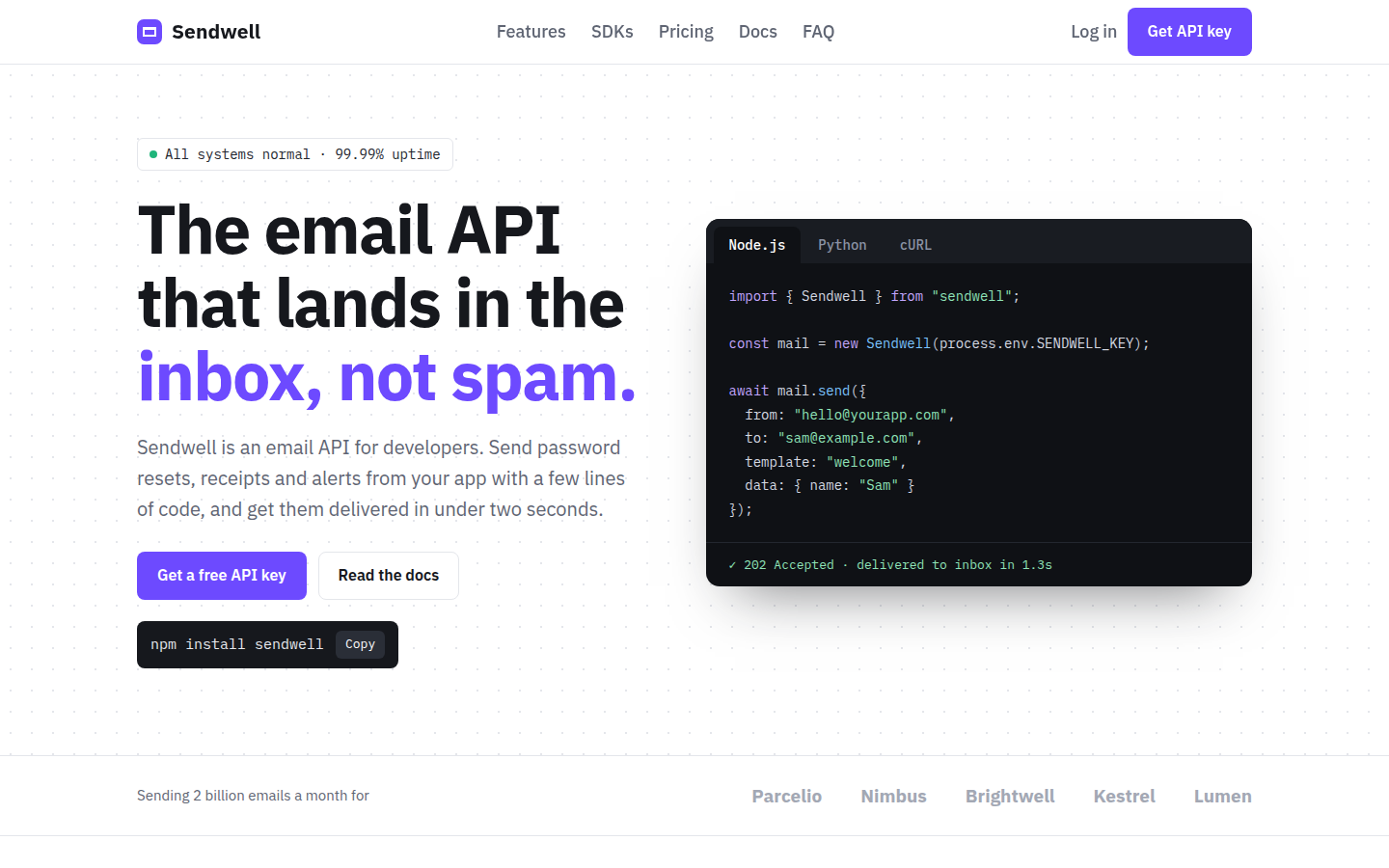 Sendwell, free developer tool and api website template