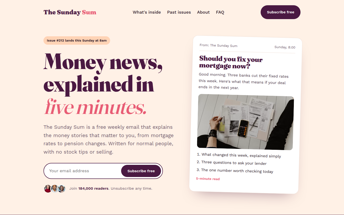 The Sunday Sum, free newsletter and waitlist website template