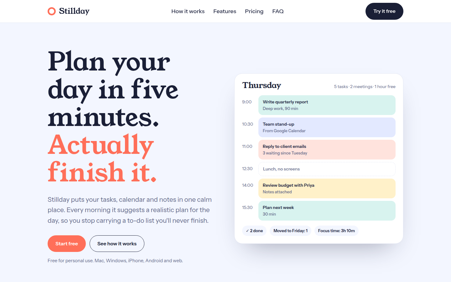 Stillday, free productivity app website template