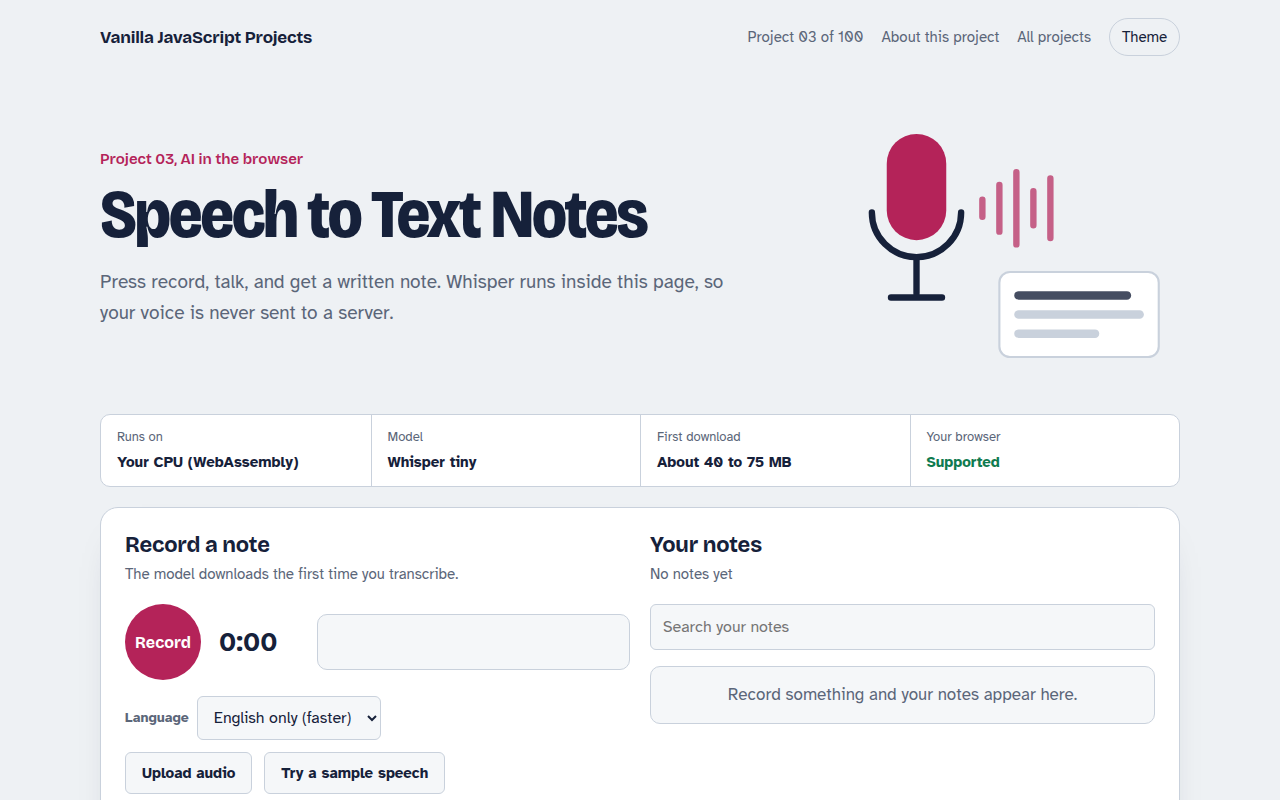 Speech to Text Notes JavaScript project preview