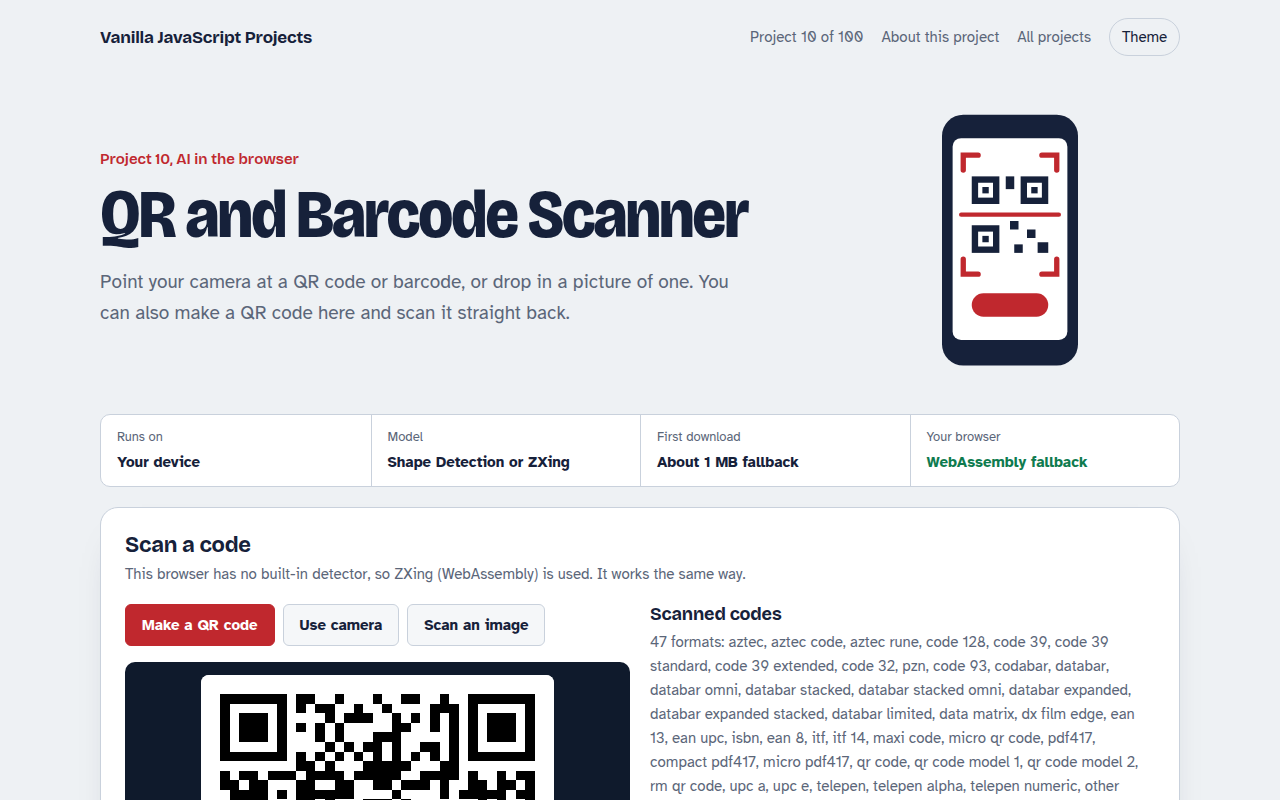 QR and Barcode Scanner JavaScript project preview