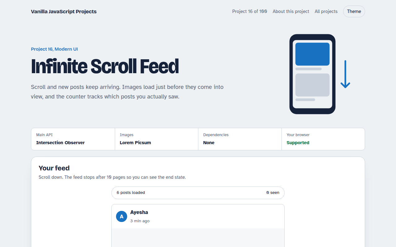 Infinite Scroll Feed JavaScript project preview