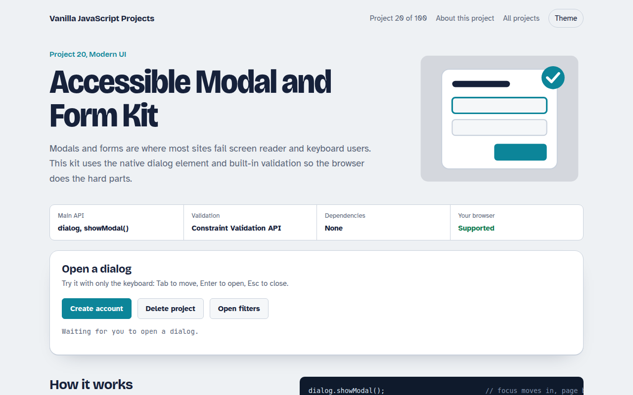 Accessible Modal and Form Kit JavaScript project preview
