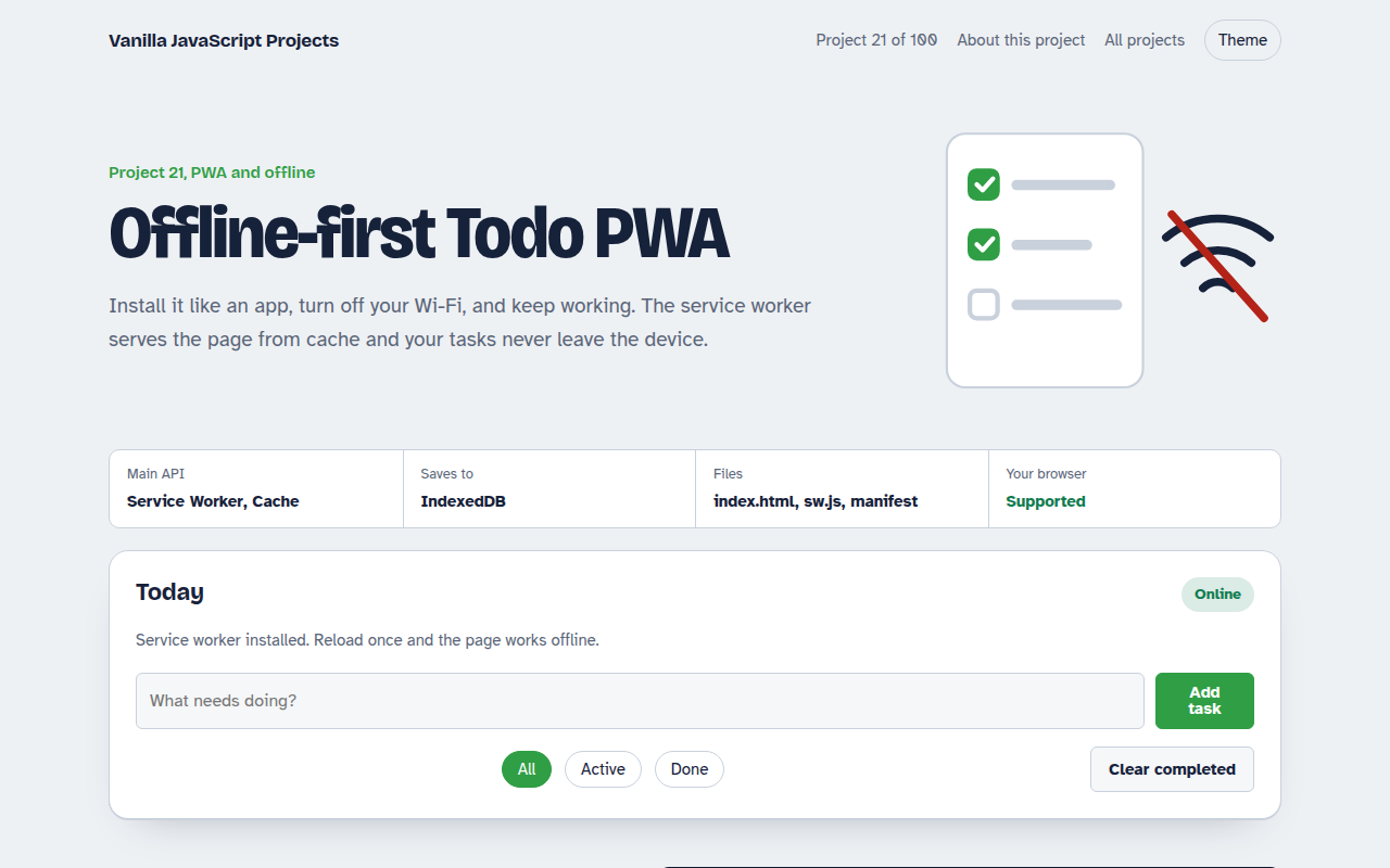 Offline-first Todo PWA JavaScript project preview