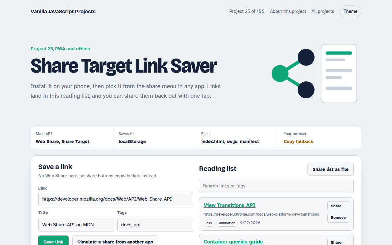 Share Target Link Saver JavaScript project preview