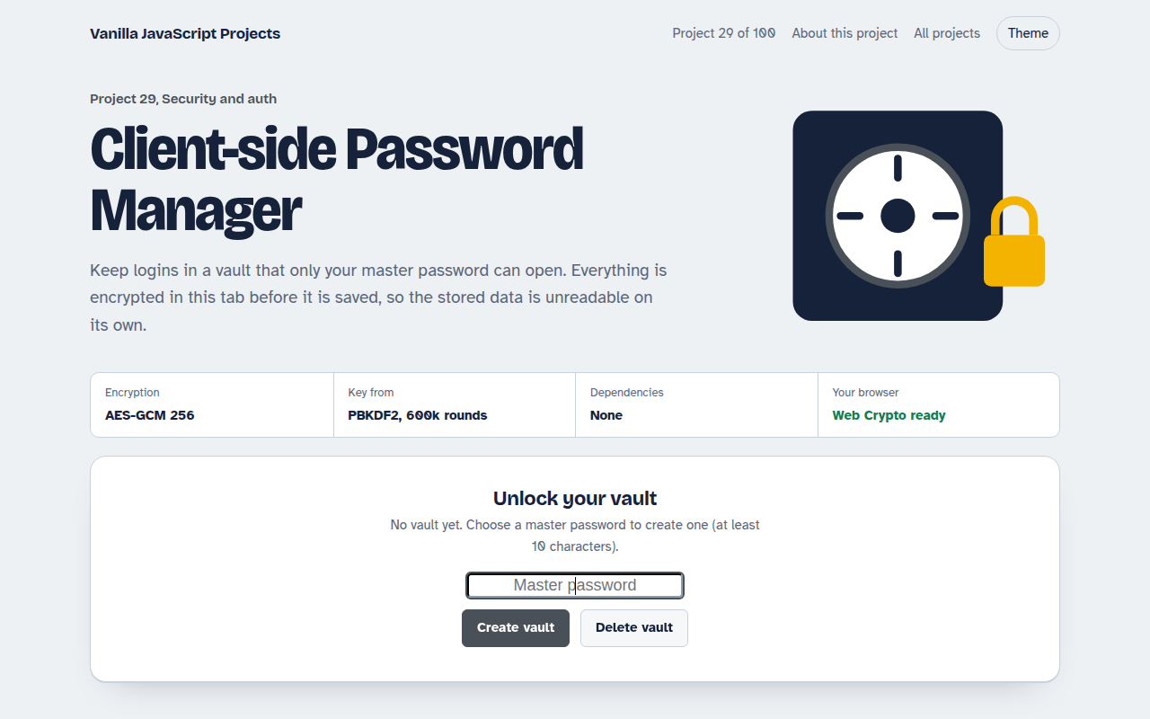 Client-side Password Manager JavaScript project preview