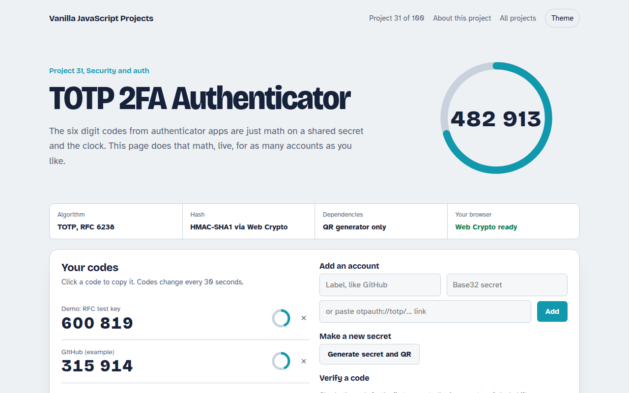 TOTP 2FA Authenticator JavaScript project preview