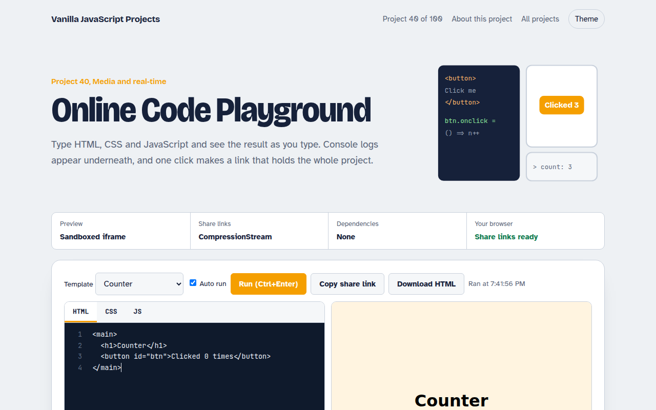 Online Code Playground JavaScript project preview