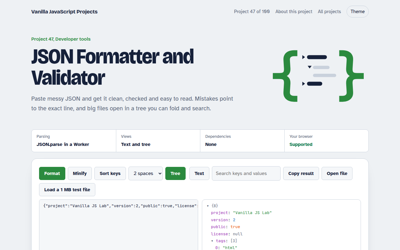 JSON Formatter and Validator JavaScript project preview