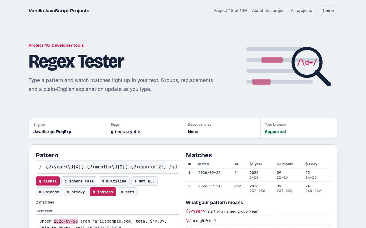 Regex Tester JavaScript project preview