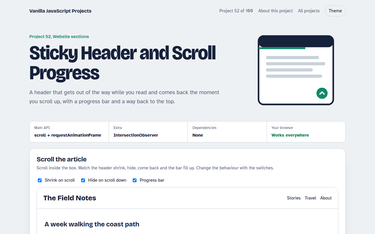Sticky Header and Scroll Progress JavaScript project preview