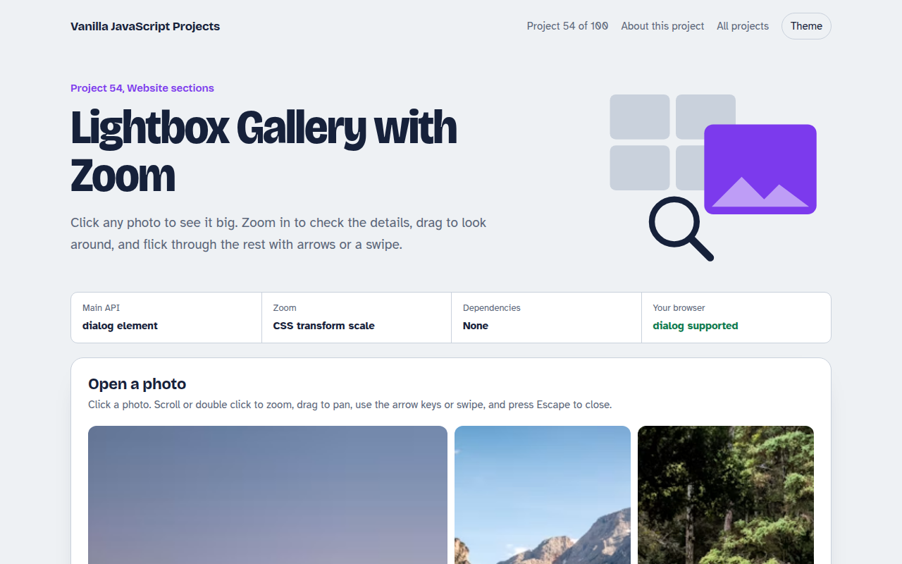 Lightbox Gallery with Zoom JavaScript project preview