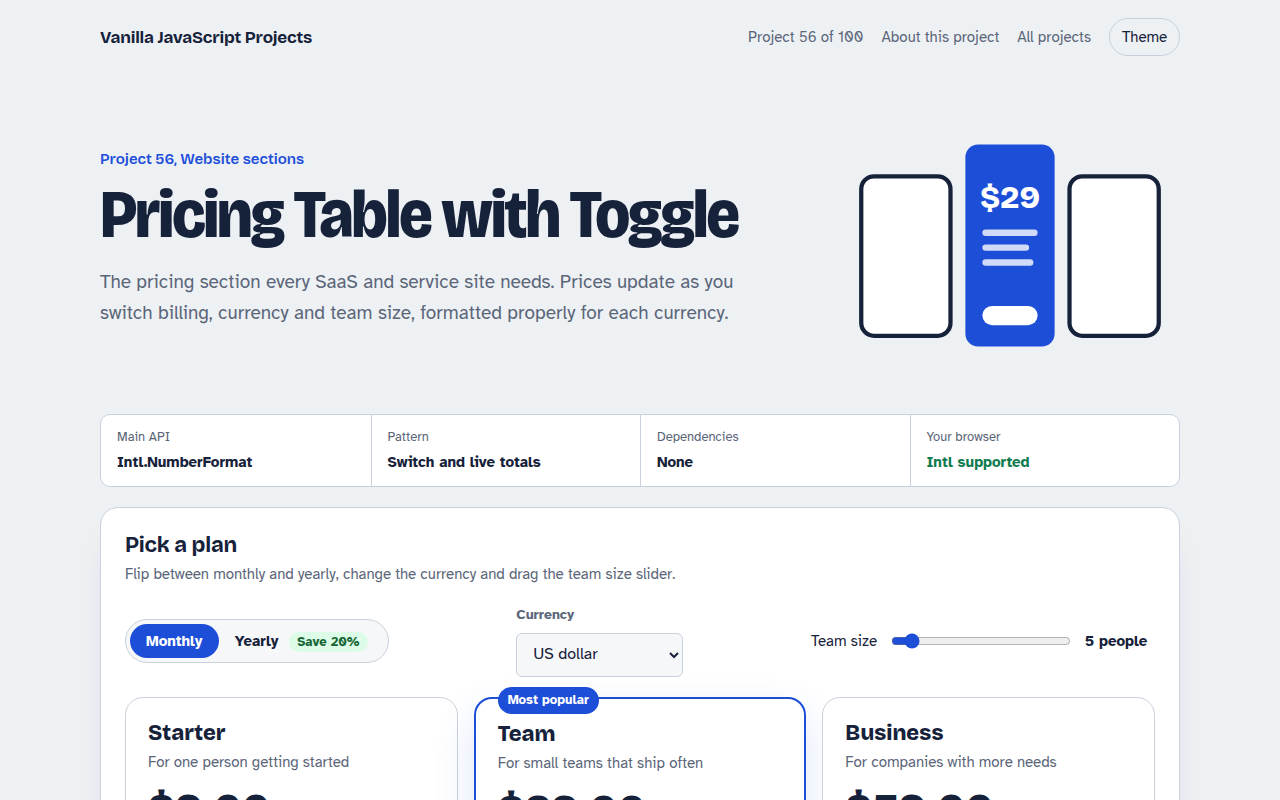 Pricing Table with Toggle JavaScript project preview
