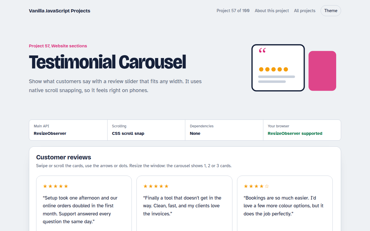 Testimonial Carousel JavaScript project preview