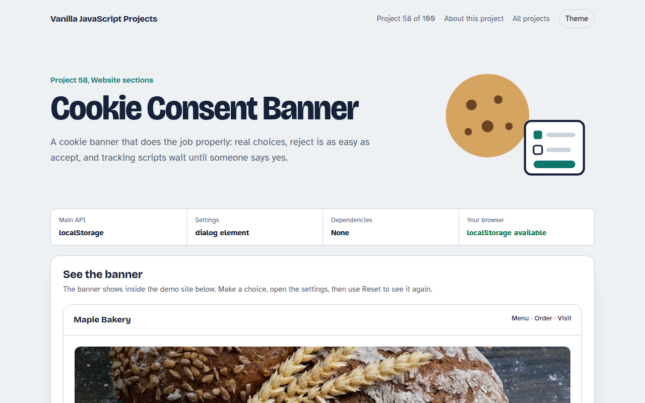 Cookie Consent Banner JavaScript project preview