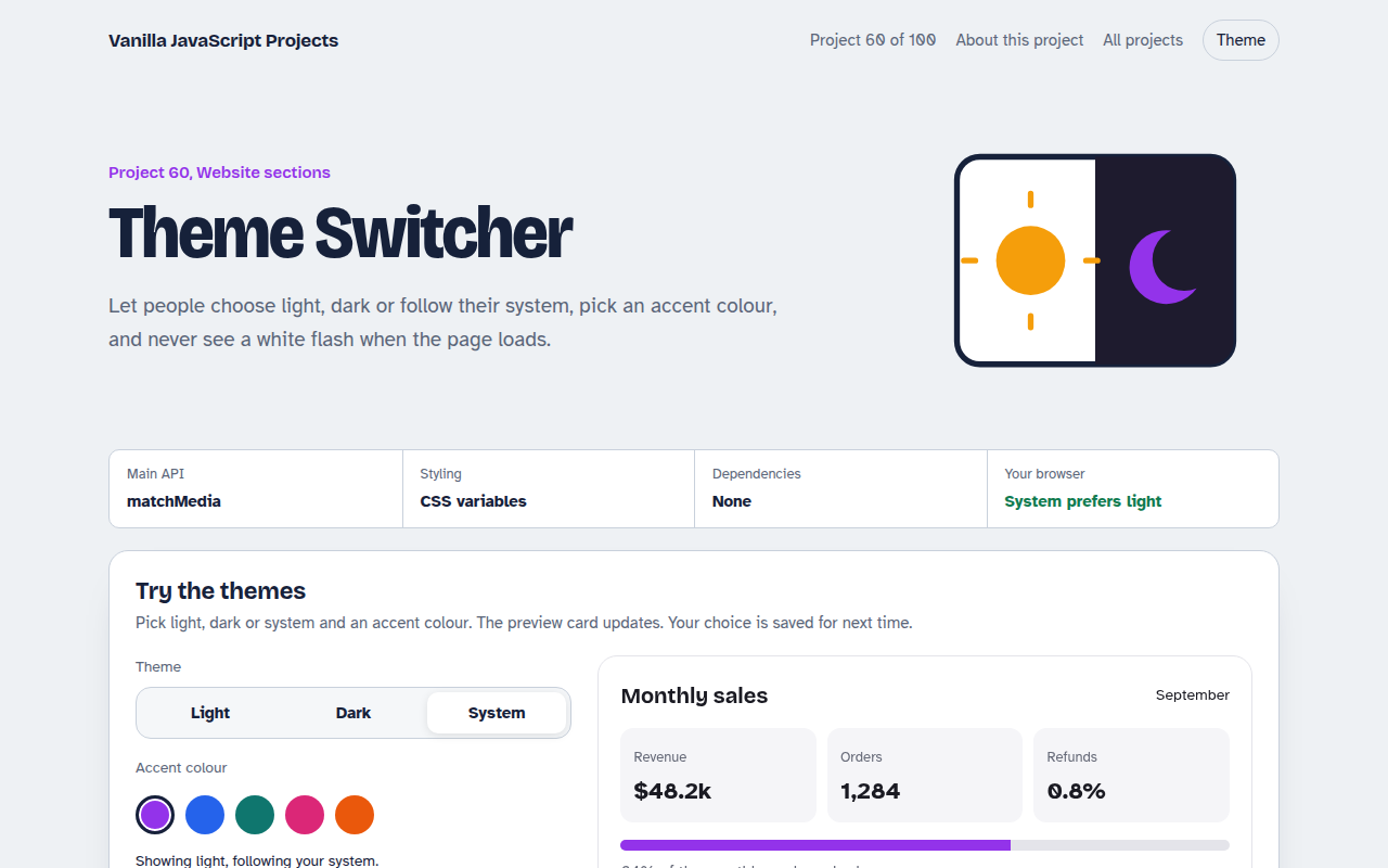 Theme Switcher JavaScript project preview