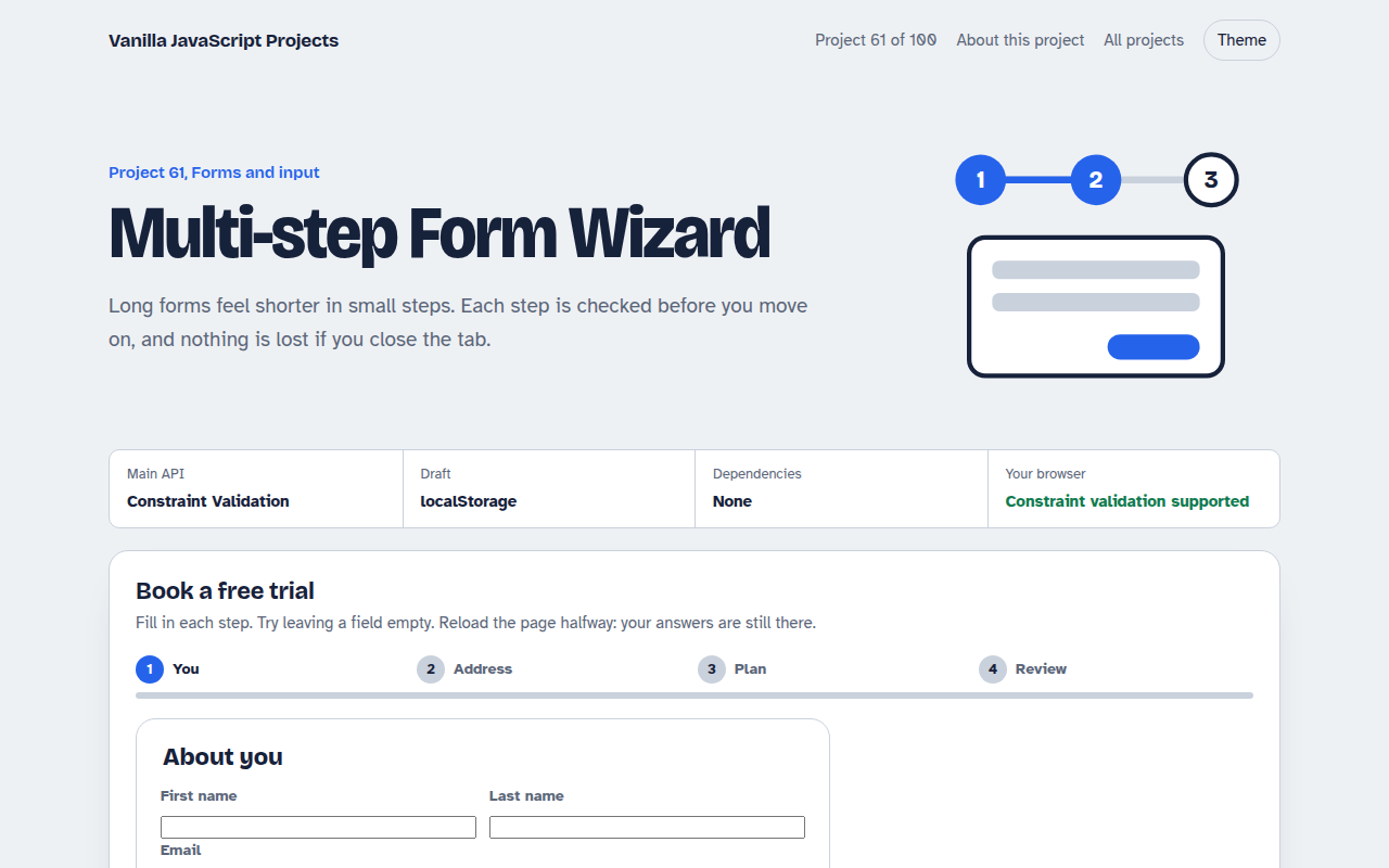 Multi-step Form Wizard JavaScript project preview