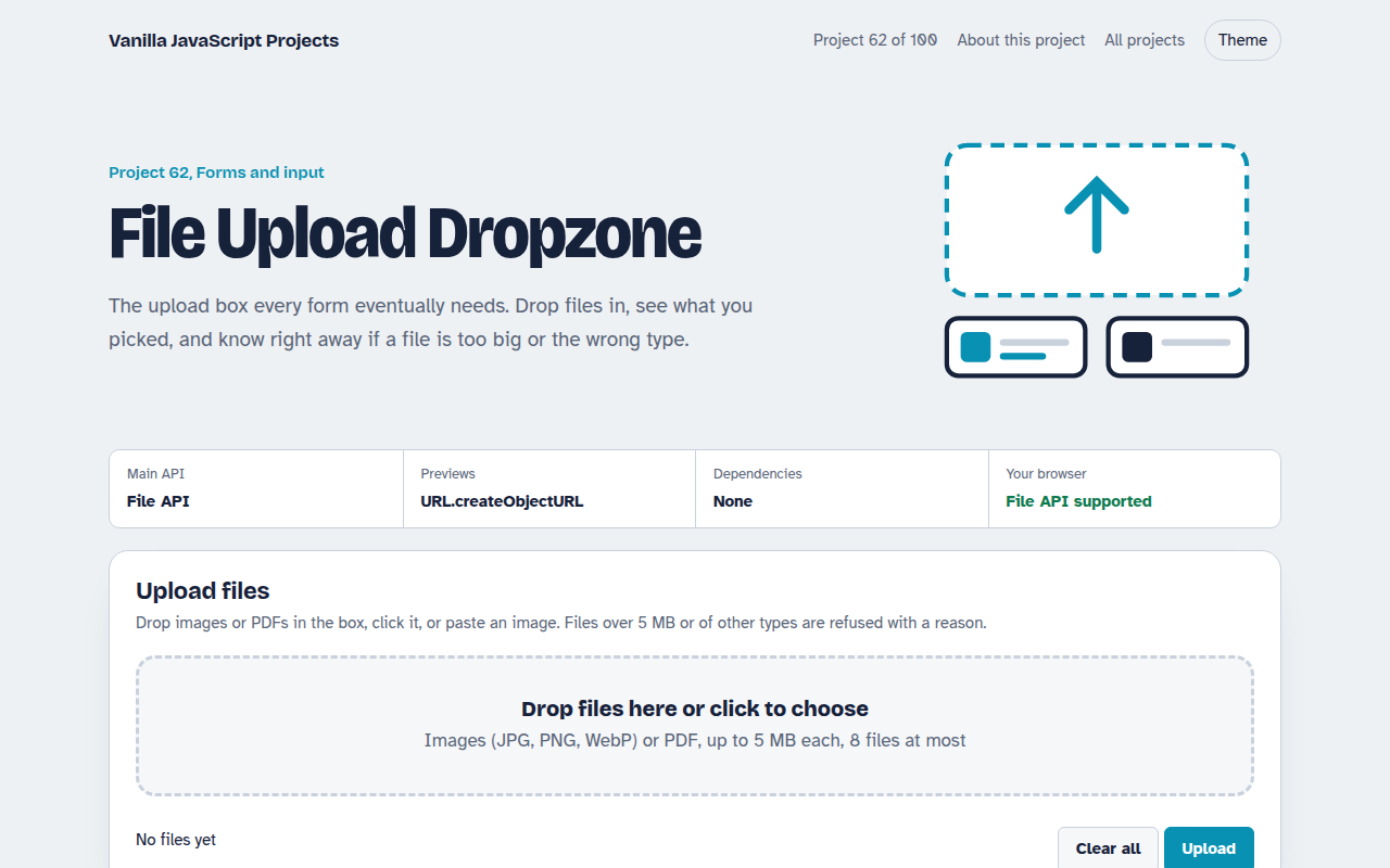 File Upload Dropzone JavaScript project preview