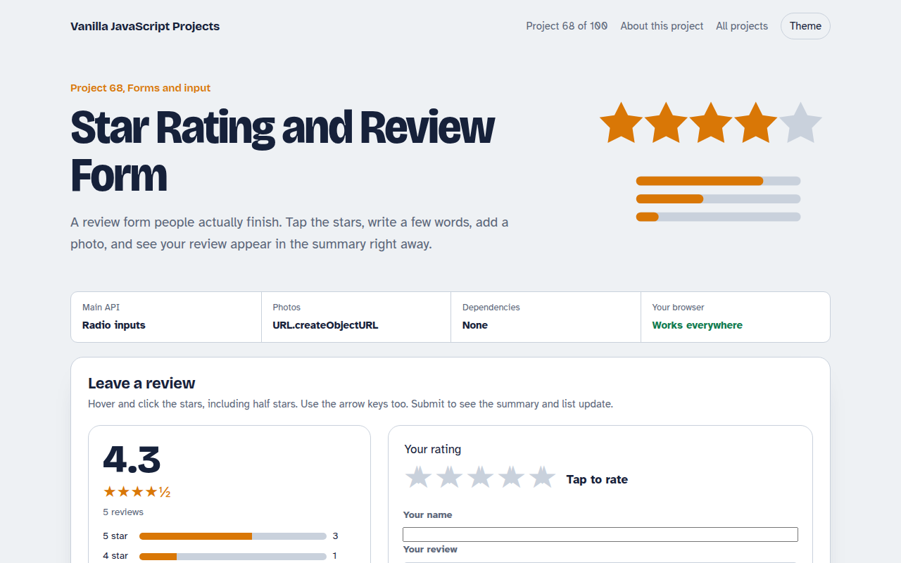 Star Rating and Review Form JavaScript project preview