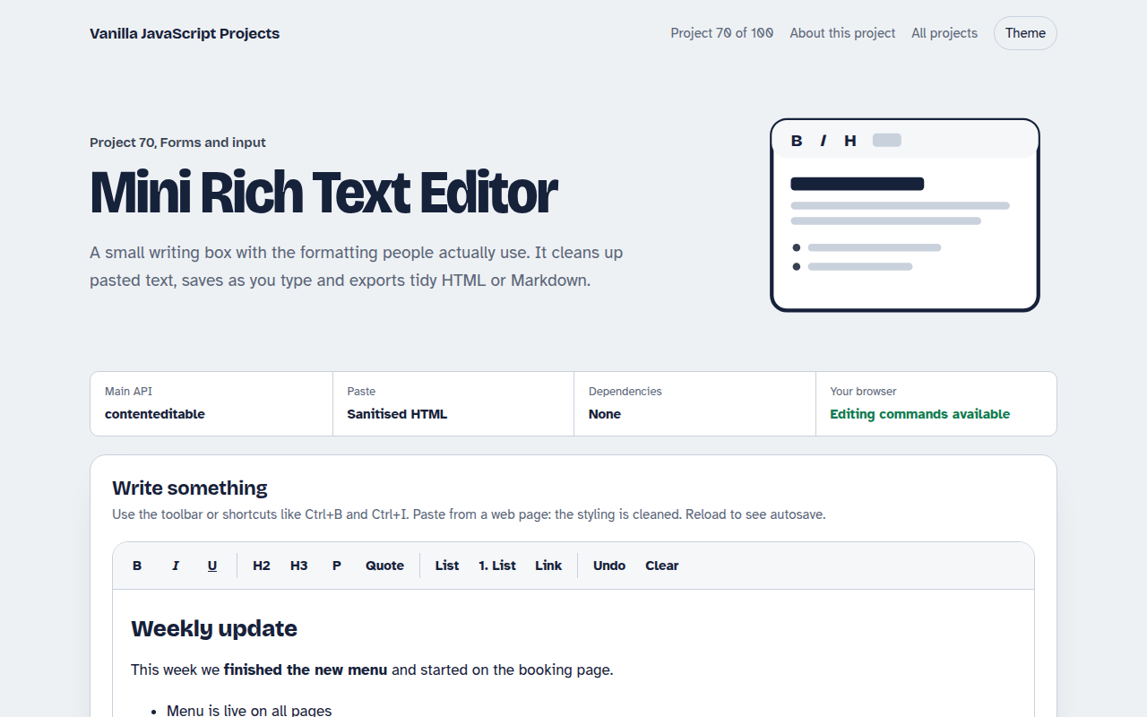Mini Rich Text Editor JavaScript project preview