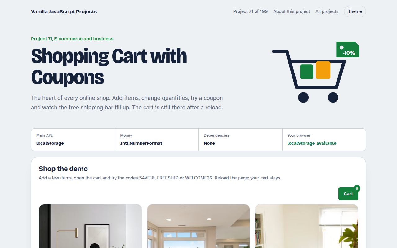 Shopping Cart with Coupons JavaScript project preview