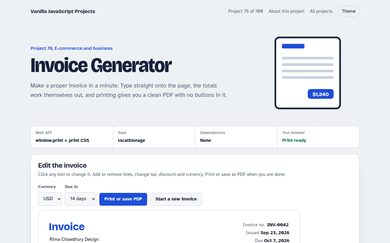 Invoice Generator JavaScript project preview